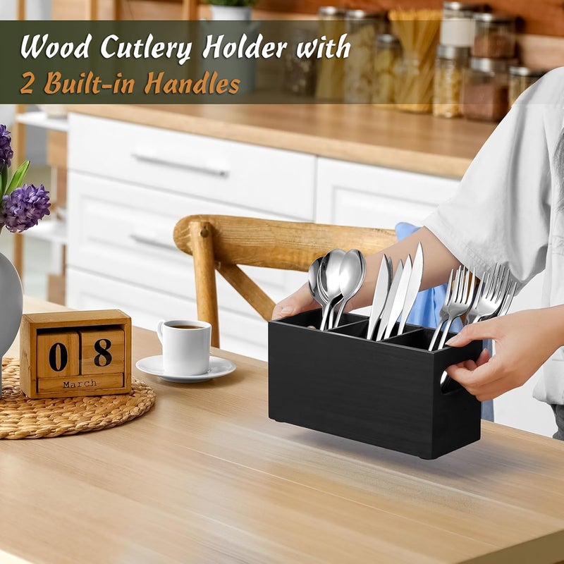 DRASTAR Silverware Holder, Wooden Utensil Caddy, Silverware Organizer Countertop, Cutlery Holder for Party, Fork Spoon Knife Organizer，Black - Image 2